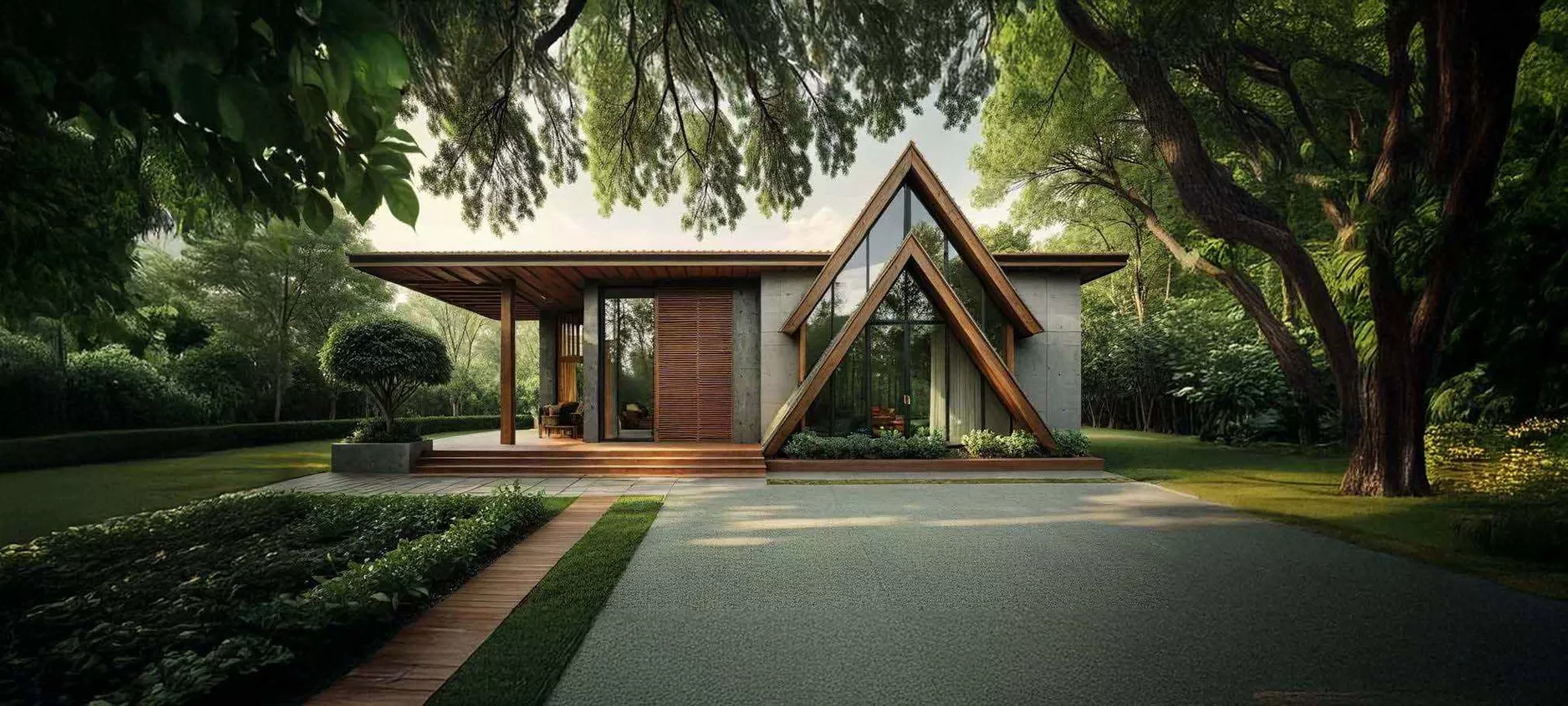 Modern eco-friendly farmhouse surrounded by lush green forest with wooden and glass architecture